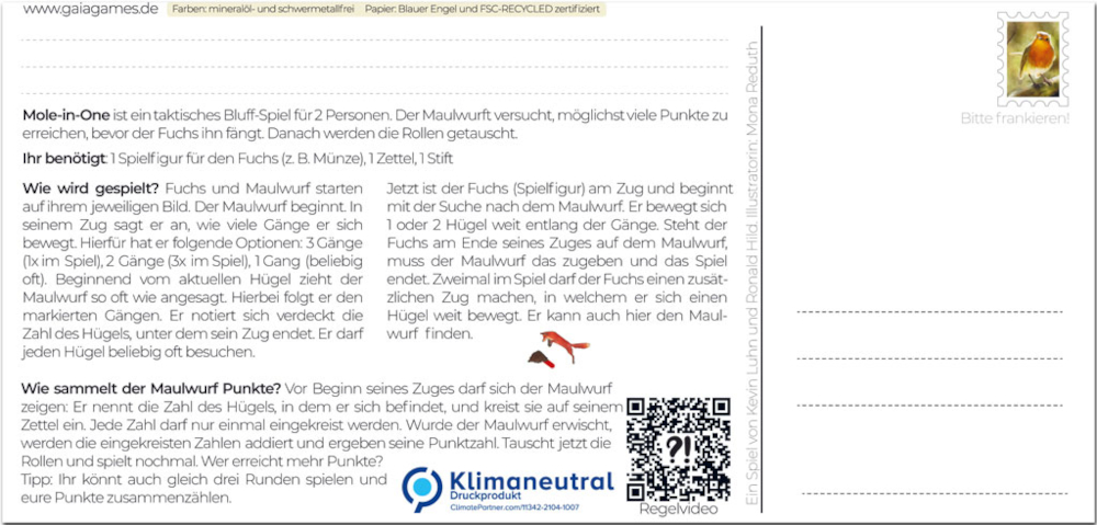 Gaiagames, Postkartenspiel Mole-in-One, Rückseite