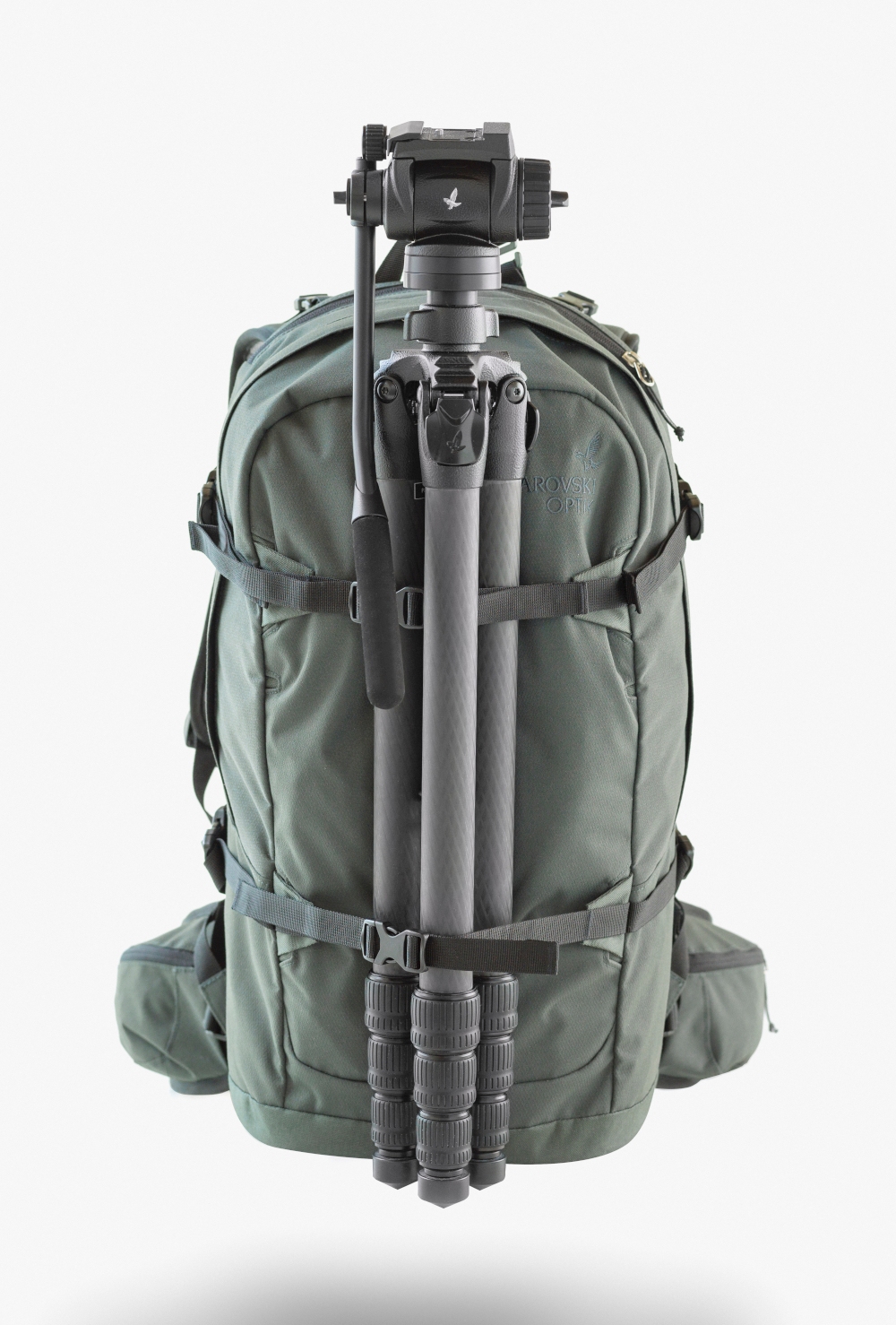 Swarovski BP Rucksack, geschnürt, mit Stativ, Rückansicht