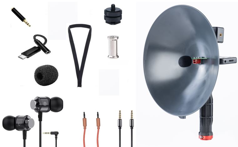 Birdmic-Parabolmikrofon-Paket, verschiedene Verbindungsmöglichkeiten