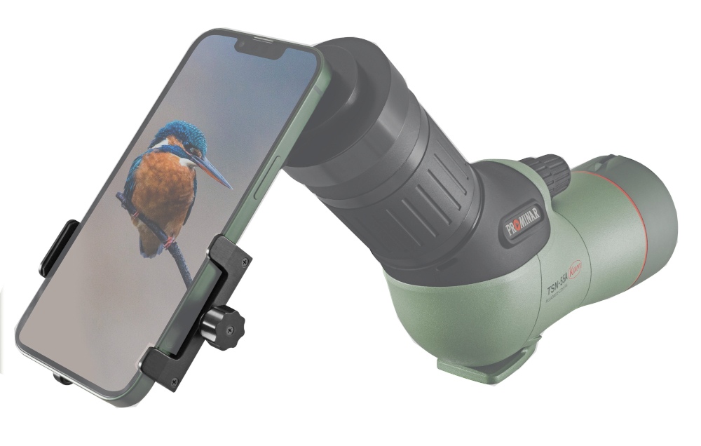 Smartoscope Universaladapter am Spektiv Kowa Smartoscope Universaladapter in Anwendung mit Smartphone am Spektiv